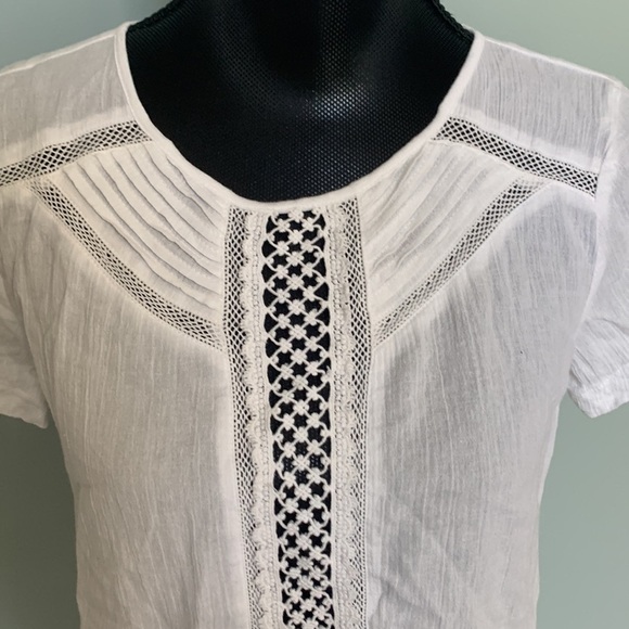 Loft White Cotton Lace Inset Boho Sheer Tee XS - Picture 2 of 6